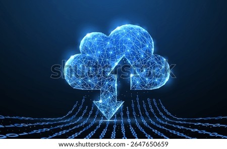 Cloud technology. Polygonal wireframe cloud storage sign with two arrows up and down on dark blue with dots, stars. Cloud computing, big data. Concept illustration or background