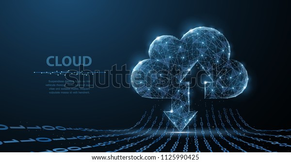 Cloud technology. Polygonal wireframe cloud\
storage sign with two arrows up and down on dark blue. Cloud\
computing, big data center, future infrastructure, digital ai\
concept. Virtual hosting\
symbol