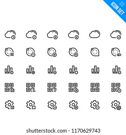 Cloud Technology Related Icon set. Contains such Icons as Cloud, Abstract Icon, Bar Graph, Blockchain, Settings. Vector Flat Icon Set in Line Style for Mobile application or Web site