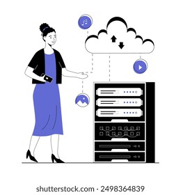 Tecnología en la nube, almacenamiento de datos remoto, centro de datos, base de datos remota, servidor de datos, computación en la nube, Saas. Ilustración vectorial con gente de línea para el Diseño web.	
