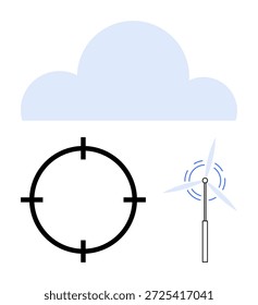 Tecnología en la nube, energías renovables, sostenibilidad, focalización de la eficiencia, redes digitales, soluciones medioambientales. Icono de nube escalable, turbina eólica y símbolo de destino. Tecnología en la nube