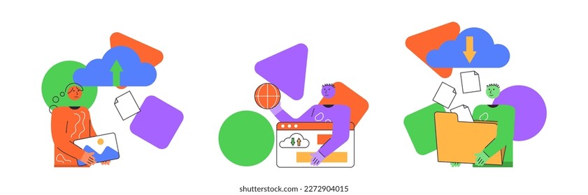 Cloud technology scene set. Cute abstract character. SaaS technology, packaged software, decentralized application, cloud computing, software licensing. Vector illustration