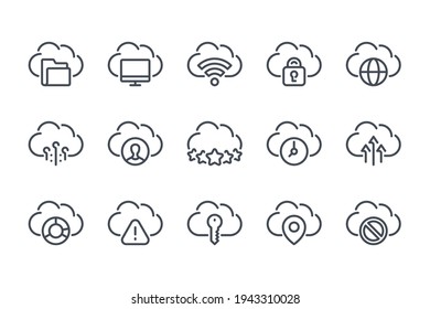 Cloud technology and server data service line icon set. Cloud computing system and Network linear icons. Online storage and hosting outline vector sign collection.