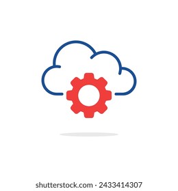 icono de servicio de tecnología en la nube con engranaje rojo. concepto de optimización de datos pictograma o desarrollo de software. tendencia lineal plana logotipo moderno gráfico trazo arte diseño elemento web aislado en blanco