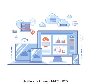 Cloud Technology Services Data Center Connection Hosting Server Database Synchronize Storage Login Page And Password On Monitor Screen, Server, Phone, Tablet, Laptop. Vector Illustration On White