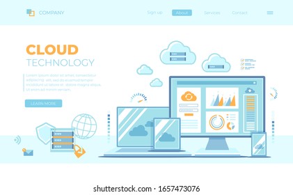 Cloud Technology Services Data Center Connection Hosting Server Database Synchronize Storage Login page and password on monitor screen. Can use for web banner, landing page, web template.