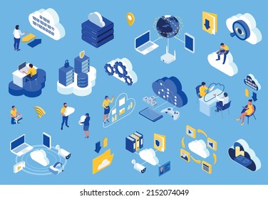 Cloud technology set with data storage symbols isometric isolated vector illustration