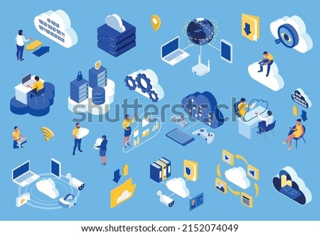 Cloud technology set with data storage symbols isometric isolated vector illustration