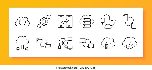 Icono de conjunto de tecnología en la nube. Sincronización en la nube, Configuraciones de equipo, transferencia de datos móviles, servidor, intercambio de documentos, hogar, intercambio de carpetas, acceso remoto, nube de huellas dactilares, fuego