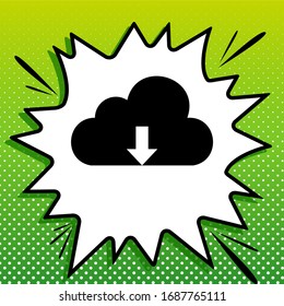 Signo de tecnología de nube. Icono negro sobre la parte blanca Splash en fondo verde con puntos blancos.  Ilustración.