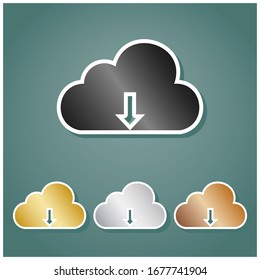 Cloud technology sign. Set of metallic Icons with gray, gold, silver and bronze gradient with white contour and shadow at viridan background. Illustration.