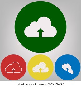 Cloud technology sign. Vector. 4 white styles of icon at 4 colored circles on light gray background.