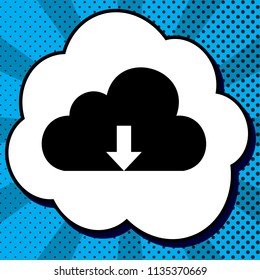 Cloud technology sign. Vector. Black icon in bubble on blue pop-art background with rays.