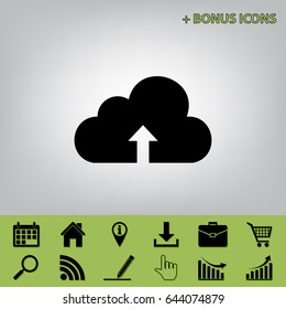 Cloud technology sign. Vector. Black icon at gray background with bonus icons at celery ones