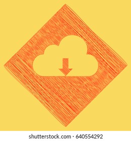Cloud technology sign. Vector. Red scribble icon obtained as a result of subtraction rhomb and path. Royal yellow background.
