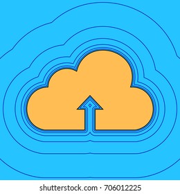 Cloud technology sign. Vector. Sand color icon with black contour and equidistant blue contours like field at sky blue background. Like waves on map - island in ocean or sea.