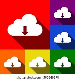 Cloud technology sign. Vector. Set of icons with flat shadows at red, orange, yellow, green, blue and violet background.