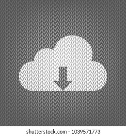 Cloud technology sign. Vector. White knitted icon on gray knitted background. Isolated.