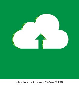 Cloud technology sign. Vector. White flat icon with yellow striped shadow at green background.