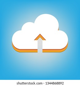 Cloud technology sign. Vector. White icon with 3d warm-colored gradient body at sky blue background.