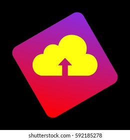 Cloud technology sign. Vector. Yellow icon at violet-red gradient square with rounded corners rotated for dynamics on black background.