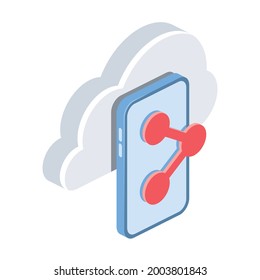 Tecnología en la nube, smartphone, compartir enlaces. Símbolo vector 3d, isométrico, iconos de la web de color, nuevo estilo plano. Idea de diseño creativo, concepto para infografías.