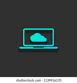 Cloud technology, software. Laptop and cloud. Colorful logo concept with soft shadow on dark background. Icon color of azure ocean