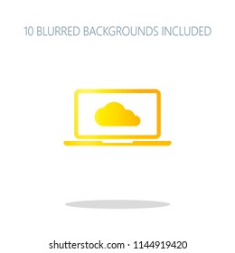 Cloud technology, software. Laptop and cloud. Colorful logo concept with simple shadow on white. 10 different blurred backgrounds included