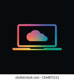 Cloud technology, software. Laptop and cloud. Rainbow color and dark background