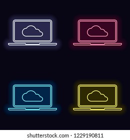 Cloud technology, software. Laptop and cloud. Set of neon sign. Casino style on dark background. Seamless pattern