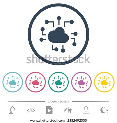 Cloud technology solid flat color icons in round outlines. 6 bonus icons included.