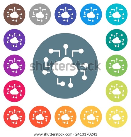 Cloud technology solid flat white icons on round color backgrounds. 17 background color variations are included.