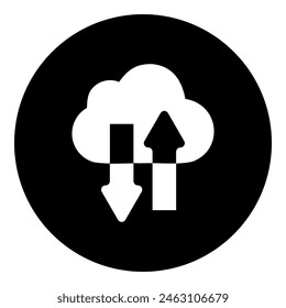 Ein Cloud-Technologie-Symbol in der Mitte. Isoliertes weißes Symbol im schwarzen Kreis. Vektorillustration auf weißem Hintergrund