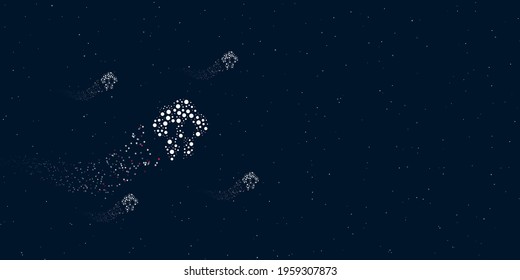 A cloud technology symbol filled with dots flies through the stars leaving a trail behind. There are four small symbols around. Vector illustration on dark blue background with stars
