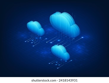 cloud technology Cloud that is storing data in the system and transfer from anywhere in real time via internet signal There is a security system. Vector illustration, Isometric image