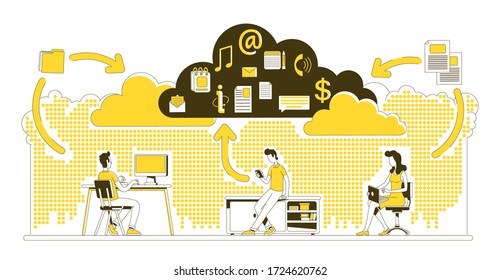 Cloud technology thin line concept vector illustration. Online network users sharing files 2D cartoon characters for web design. Internet database, remote data storage access creative idea