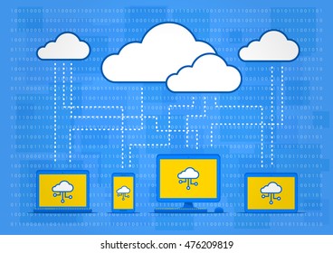 Cloud technology vector illustration. Electronic devices with cloud icon on screens creative concept. Cloud storage software for computer, laptop, tablet, mobile phone. Cloud service graphic design.