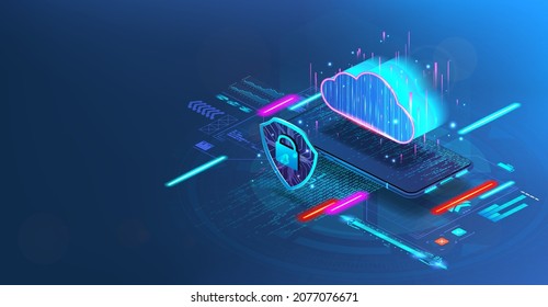 Cloud technology via mobile phone or smartphone. Isometric banner cyber security in the management of online storage via smartphone.remote center with data or IOT technologies. Cloud storage. Vector