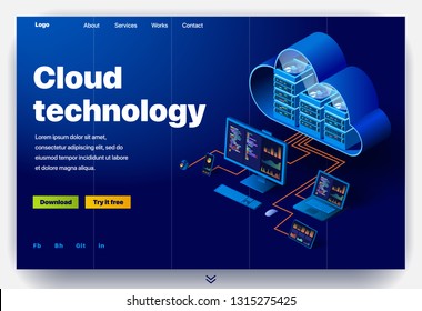 Cloud Technology Website. Concept Of A Landing Page For Data Center. Website Providing The Service Of Modern Cloud Technology. Vector Website Template With 3d Isometric Illustration Data Center