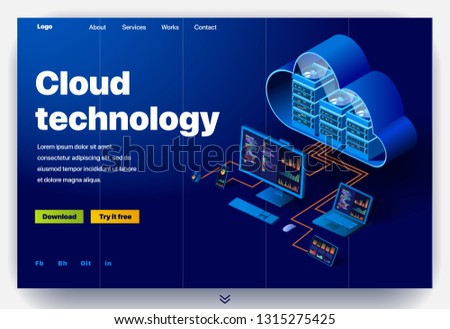 Cloud technology website. Concept of a landing page for data center. Website providing the service of modern cloud technology. Vector website template with 3d isometric illustration data center