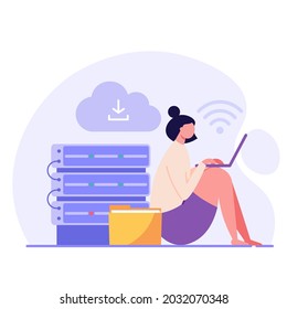 Cloud technology. Woman storing data on cloud server. Concept of cloud computing, online database, web hosting, web data center.  Vector illustration for web banner, infographics, mobile app