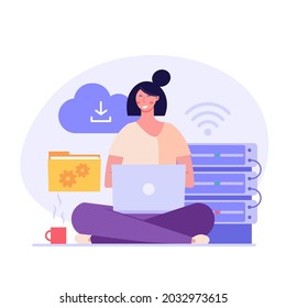 Cloud technology. Woman storing data on cloud server. Concept of cloud computing, online database, web hosting, web data center.  Vector illustration for web banner, infographics, mobile app