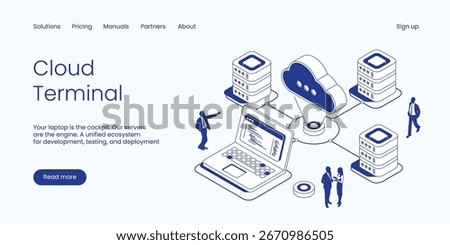 Cloud Terminal, Laptop as Cockpit Connected to Server Engine and Cloud for Development, Testing, and Deployment Ecosystem. Technology Isometric 3d Line Vector Illustration.