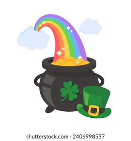 A cloud that shoots a rainbow on a pot full of gold coins with the clover symbol of good luck on st patrick's festival