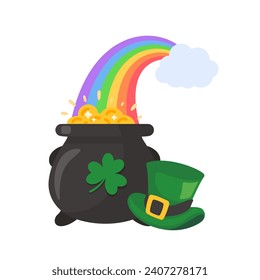 A cloud that shoots a rainbow on a pot full of gold coins with the clover symbol of good luck on st patrick's festival