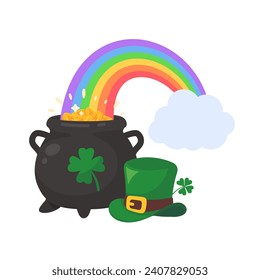 A cloud that shoots a rainbow on a pot full of gold coins with the clover symbol of good luck on st patrick's festival