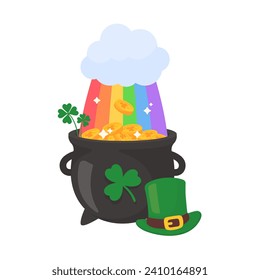 A cloud that shoots a rainbow on a pot full of gold coins with the clover symbol of good luck on st patrick's festival