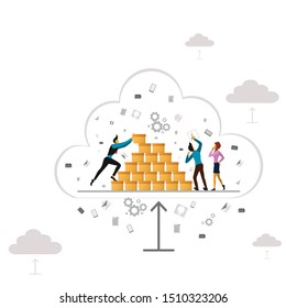 Cloud that uses private information,​ The world uses the cloud as a search medium, Data in the cloud​ vector, Cloud users to gather information, vector​ illustration.