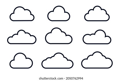 Bewölkt dünne Linien Symbole gesetzt. Rahmenvektorzeichen. Lineares Symbol für Wetter oder Datenbank, Netzwerk, Internet-Speicherung. Logo-Design-Vorlage. Kollektion von übergebedeckten, saubertbedeckten grafischen Elementen
