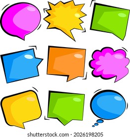A cloud of thought. A set of 9 multi-colored speech bubbles. Templates with space for text.